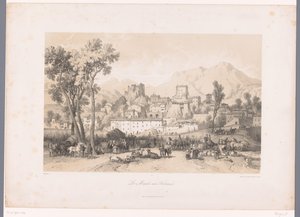 Zicht op een dorp met beestenmarkt in een vallei door Fortuné Ferogio