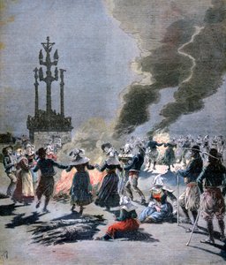 Vreugdevuren aangestoken om de zomerzonnewende te vieren in Bretagne, 1893