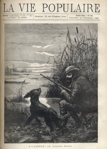 Een vogeljager kijkt in een moeras met zijn hond. Illustratie van F. Meaulle voor 