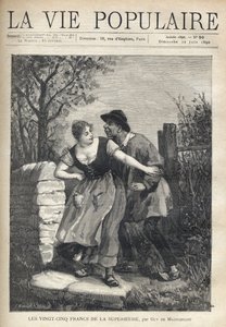 Een boerenpaar, de man in een blouse en klompen, springt de jonge vrouw die hem met een glimlach en licht terugduwt. Illustratie door E. Bertin voor Les vijfentwintig francs de la superieure door Guy de Maupassant (1850-1893). Gravure door Fortune Meaulle 