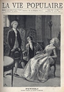 Een knappe blonde jongeman, ziet er slecht uit, heeft net zijn voorstel gedaan, ziet het meisje lachen, omgevallen op haar stoel, onder de verbaasde ogen van haar vader. Illustratie voor Puyjoli door Jules Claretie (1840-1913). Gravure door Fortune Meaulle door Fortune Louis Meaulle