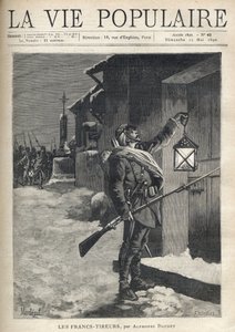 Een soldaat, met al zijn uitrusting, een bajonetgeweer en zwaaiend met een lantaarn voor de gesloten deur van een stadshuis. Achter hem, bij het IJzeren Kruis, komt de rest van de troep om zich bij hem te voegen. Illustratie van Montegut (?), voor Les Fran door Fortune Louis Meaulle