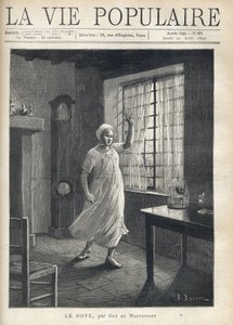 Een vrouw in een hemd en nachtcap, met een gezicht vol angst, verdrietige ogen en een opgestoken hand, staat blootsvoets voor het raam van haar huis, waardoor men de masten van de boten ziet. Binnen, een klok, een vogelkooi en weinig meubels. Illustratie d door Fortune Louis Meaulle