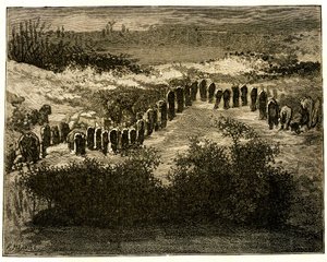 Carnac menhir uitlijningen. Tekening door Victor Hugo gegraveerd door Meaulle. Uittreksel uit de tekst van Hugo (Op reis in Bretagne) door Fortune Louis Meaulle