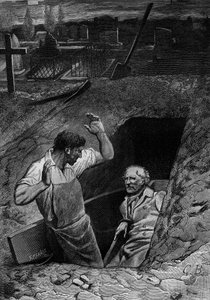 Illustratie voor de roman "Les Miserables" door Victor Hugo (2e deel: Cosette), gravure door Meaulle: Fauchelevent en Jean Valjean