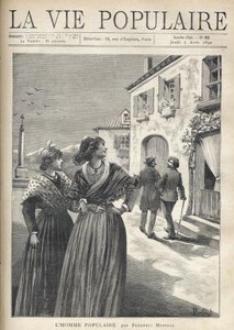 In de straten van een dorp in de Provence, twee mooie vrouwen in Provençaalse jurken keren zich om naar de straat om een man te confronteren die zelfverzekerd naar hen kijkt. Illustratie door Montegut voor De Populaire Man door Frederic Mistral (1830-1914) door Fortune Louis Meaulle