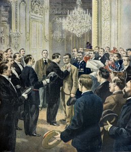 Louis Barthou versiert koetsier Georges, redder van de bazar de la charite, 1897 (Gravure) door Fortune Louis Meaulle