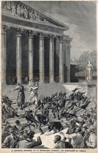 Algemeen kiesrecht en de Republiek verdrijven kooplieden uit de Tempel - allegorie over de nasleep van de Panama-affaire - Gravure door Meaulle door Henri Meyer door Fortune Louis Meaulle
