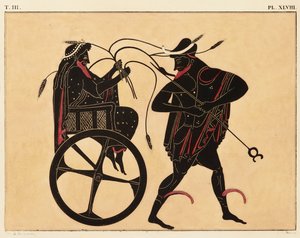 Afdruk van de decoratie op een Griekse amphora, met Triptolemus en Hermes, ca. 1858 door Fourquemin Fourquemin