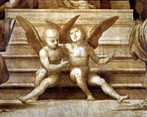 Het grote raadaltaarstuk, detail met twee cherubijnen door Fra Bartolomeo