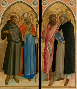Sint Franciscus en een bisschop, Sint Johannes de Doper en Sint Dominicus, eind jaren 1420 (tempera en bladgoud op paneel)