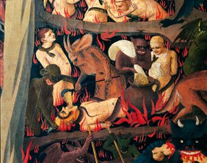 Hel met demonen die gierigen straffen, detail van Laatste Oordeel door Giovanni da Fiesole bekend als Fra Angelico (1400-circa 1455), tempera op hout