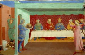 De onthoofding van Johannes de Doper op het banket van Herodes Antipas: De dochter van Herodias (Salome), uitgenodigd om te dansen tijdens de verjaardag van Herodes, verleidt Herodes, die zweert haar alles te geven wat ze vraagt door Fra  Angelico