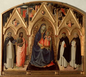 Maagd en Kind omringd door St. Dominica, St. Johannes de Doper, St. Thomas van Aquino en St. Petrus martelaar (St. Petrus van Verona drieluik) door Fra  Angelico