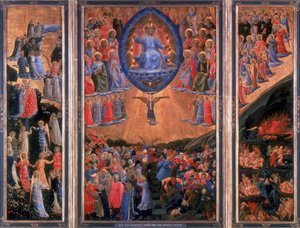 Het Laatste Oordeel. Hemel, links, Hel, rechts. Christus zit in het midden in oordeel. Fra Angelico (1400-1455) Florentijnse schilder. Drieluik. Tempera op paneel. Staatliche Museum, Berlijn.