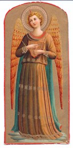 Kleurenlitho van Fra Angelico engel met muziekinstrument, ca. 1910 door Fra Angelico