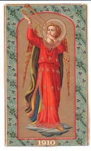 Kleurenlitho van Fra Angelico engel die trompet speelt, ca. 1910