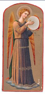 Kleurenlitho van Fra Angelico engel die tamboerijn speelt, ca. 1910 door Fra Angelico