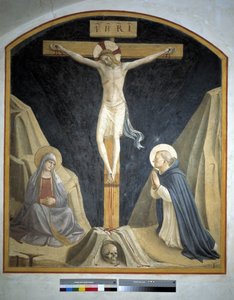 Kruisiging met de Maagd Maria en Sint Dominicus. Inscriptie "INRI" op het kruis, 1442