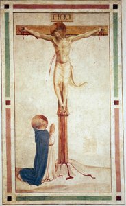 De kruisiging met Sint Dominicus. Inscriptie "INRI" op het kruis. Fresco van Guido di Pietro door Fra Angelico