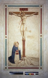 De kruisiging met Sint Dominicus. Inscriptie "INRI" op het kruis. Fresco van Guido di Pietro door Fra Angelico