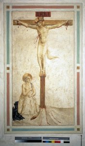 De kruisiging met Sint Dominicus. Inscriptie "INRI" op het kruis. Fresco van Guido di Pietro door Fra Angelico