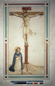 De kruisiging met Sint Dominicus. Inscriptie "INRI" op het kruis. Fresco van Guido di Pietro door Fra Angelico