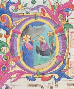 Missaal 558 f.9r Geïllustreerde initiaal O die het wonderbaarlijke vissen vangen toont (detail)