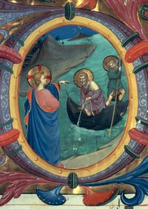 Ms 558 f.9r De Roeping van St. Petrus en St. Andreas, detail van versierde initiaal O uit een Missaal, vroege 1430s door Fra Angelico