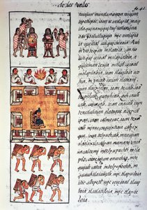 Azteekse samenleving, muzikanten, koning en kooplieden, tekst in Nahuatl, uit facsimile van manuscript Algemene Geschiedenis van de Dingen van Nieuw-Spanje, ook bekend als Florentijnse Codex, door Bernardino de Sahagun