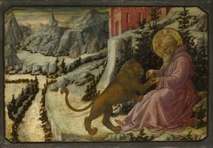 Sint Hiëronymus en de Leeuw Predella Paneel van het Pistoia Santa Trinità Altaarstuk, 1455-1460 door Fra Filippo Lippi