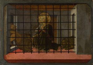 Sint Mamas in de gevangenis geworpen voor de leeuwen Predella Paneel van het Pistoia Santa Trinità Altaarstuk, 1455-1460