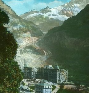 Bear Hotel, gletsjer en Fiescherhorn, Grindelwald, Zwitserland, eind 19e-begin 20e eeuw