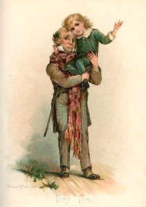 Bob Cratchit draagt Tiny Tim