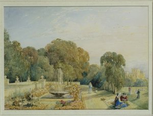 Uitzicht op de tuinen van Chatsworth, Derbyshire, c.1820