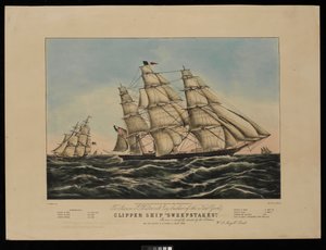 Aan Aaron J Westervelt Esq. bouwer van het New York clipper schip Sweepstakes, deze prent is respectvol opgedragen door de uitgevers door Frances Flora Bond (c.1812 76) (after) Palmer