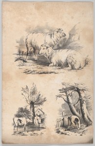 Vignet met twee schapen, vignet met twee koeien in een poel, en vignet van een houtverzamelaar..., 1847
