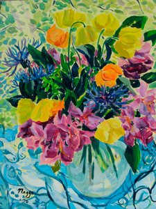 Lenteboeket (Rododendron en klaprozen uit Wales), 2020 (acryl op doek)