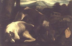 Twee jachthonden, ca. 1555 door Francesco Bassano