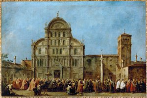 De processie van de Doge van Venetië naar de kerk van San Zaccaria op Pasen ... door Francesco (circle of) Guardi