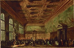 La salle du college au palais des Doges a Venise - De raadszaal in het paleis van de Doges, Venetië ... door Francesco (circle of) Guardi