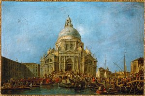 De Doge bezoekt La Salute op 21 november, de dag waarop het einde van de pest van 1630 wordt herdacht ... door Francesco (circle of) Guardi