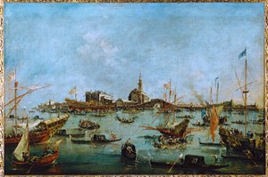 De Doge, in zijn gouden gondel, de Bucintoro, passeert San Niccolo del Lido ... door Francesco (circle of) Guardi