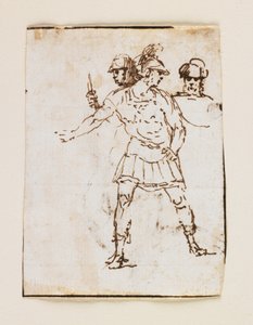 Studie van twee Romeinse soldaten en een bebaarde figuur (recto); Studie van een bebaarde man die met een stok loopt (verso)