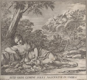 Latona en haar slapende tweelingen, Apollo en Diana, in een landschap door Francesco Antonio Meloni