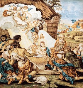 Kerststal, beschilderd majolica bord, door Francesco Antonio Xaverio Grue, Abruzzo Castelli fabriek, Italië door Francesco Antonio Xaverio Grue