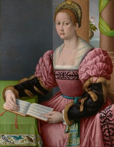 Portret van een vrouw met een muziekboek