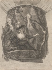 Ascensie van Madame Sage, Chevalier Biggin en Kapitein Vincent Lunardi in een luchtballon, 20 juni 1785 door Francesco Bartolozzi
