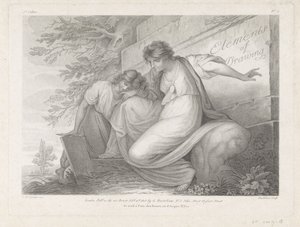 Titelprent met twee figuren met een tekening in een landschap door Francesco Bartolozzi