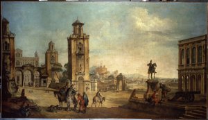 Straatscène in een stad, het grote plein met monumenten door Francesco Battaglioli